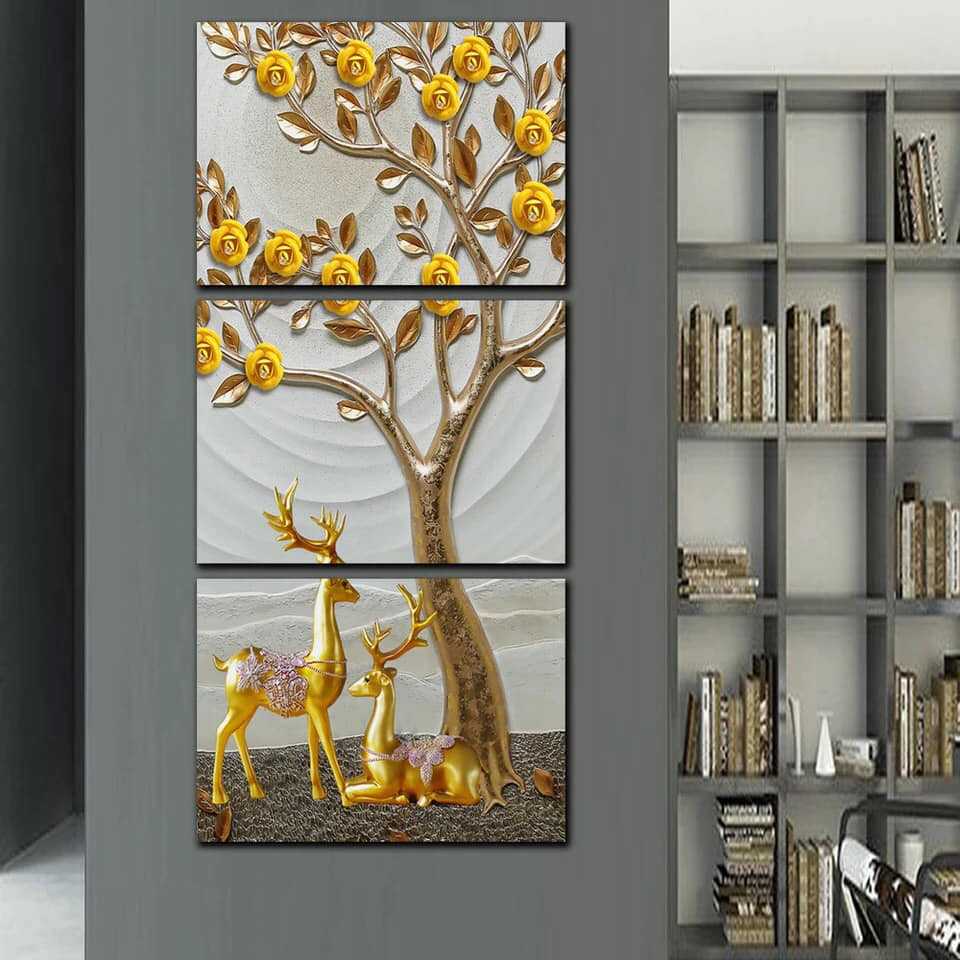 Nordic 3 Pieces Painting Golden color Tree Canvas 