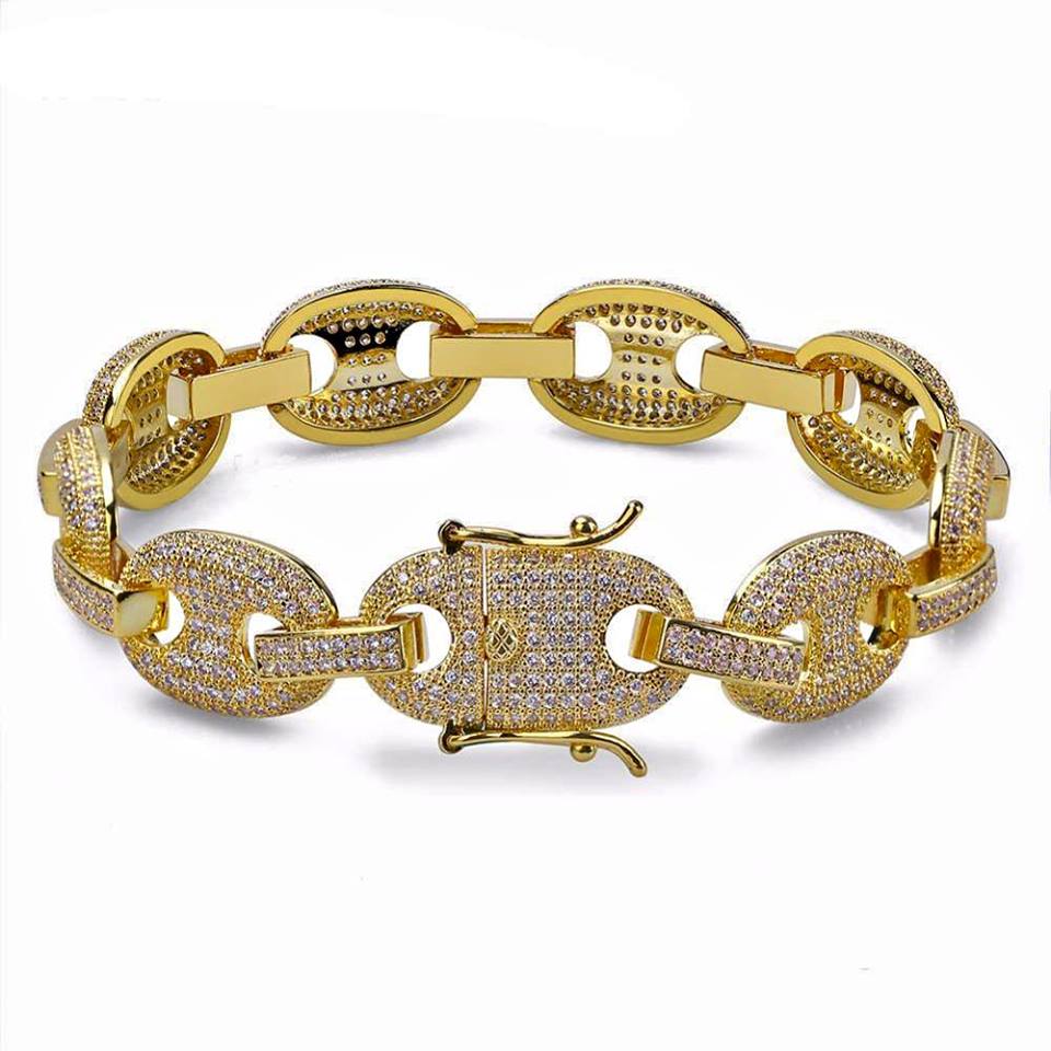 14K Gold Plated 12mm Iced Out Bling Bracelet Micro